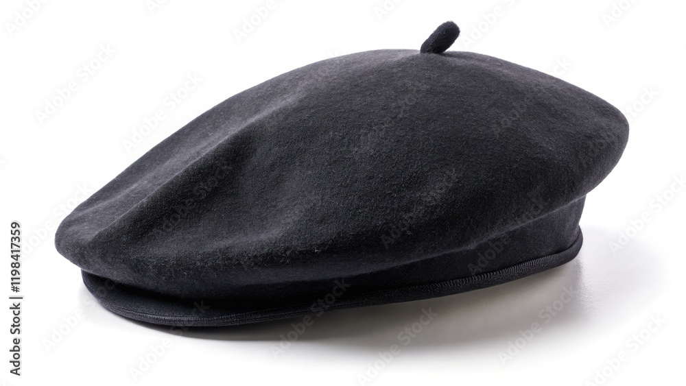 A classic black woolen French beret, photographed from above against a white background, showcases its timeless style. A classic black woolen French beret, photographed from above against a white background, showcases its timeless style.