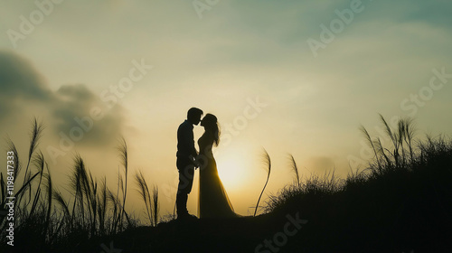 Silhouette of Wedding Couple in Love Kissing and Holding Hands During Sunset with Romantic Evening Sky Background







