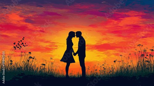 Silhouette of Wedding Couple in Love Kissing and Holding Hands During Sunset with Romantic Evening Sky Background







