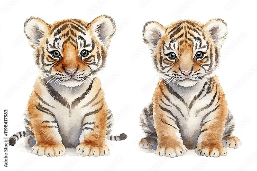Obraz premium Two adorable tiger cubs sitting side by side, showcasing their playful nature.