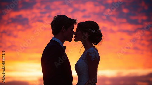 Silhouette of Wedding Couple in Love Kissing and Holding Hands During Sunset with Romantic Evening Sky Background







