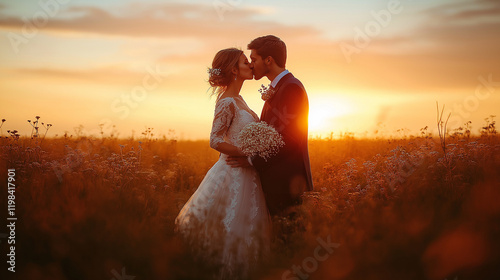 Silhouette of Wedding Couple in Love Kissing and Holding Hands During Sunset with Romantic Evening Sky Background







