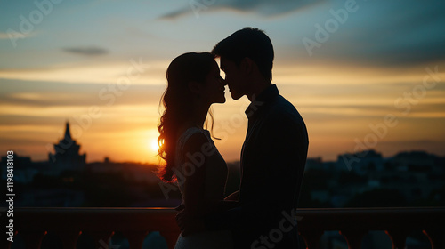 Silhouette of Wedding Couple in Love Kissing and Holding Hands During Sunset with Romantic Evening Sky Background







