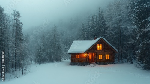 Cozy wooden cabin illuminated by warm light amidst a snowy forest landscape during winter evening