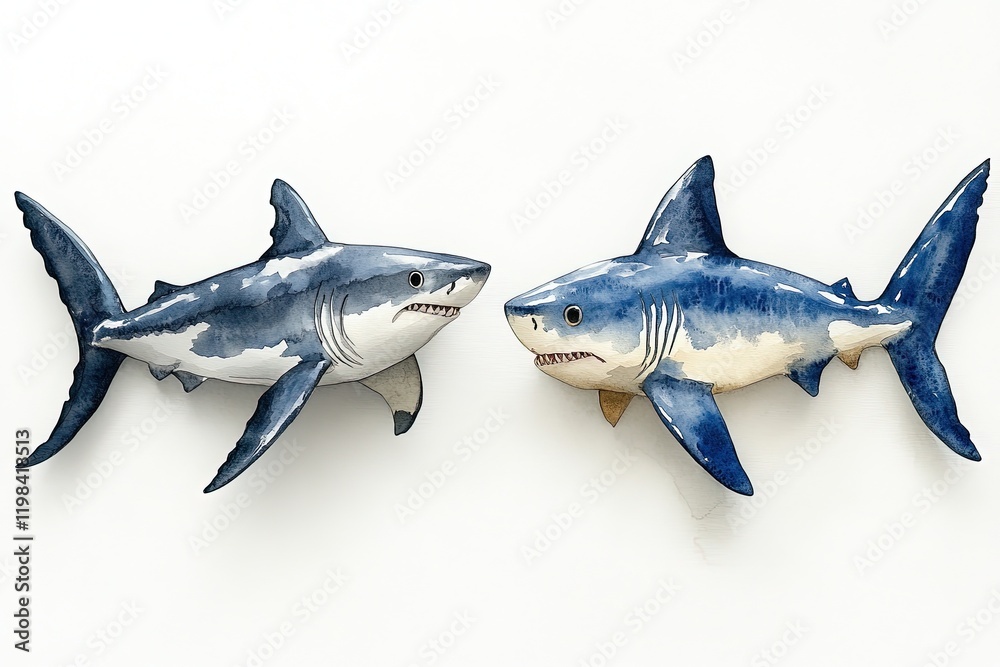 Fototapeta premium Two decorative shark sculptures with blue and white watercolor design.