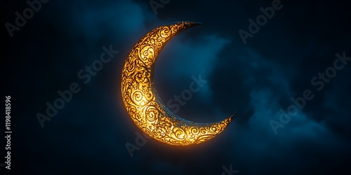 Ornate crescent moon glowing in night sky. photo