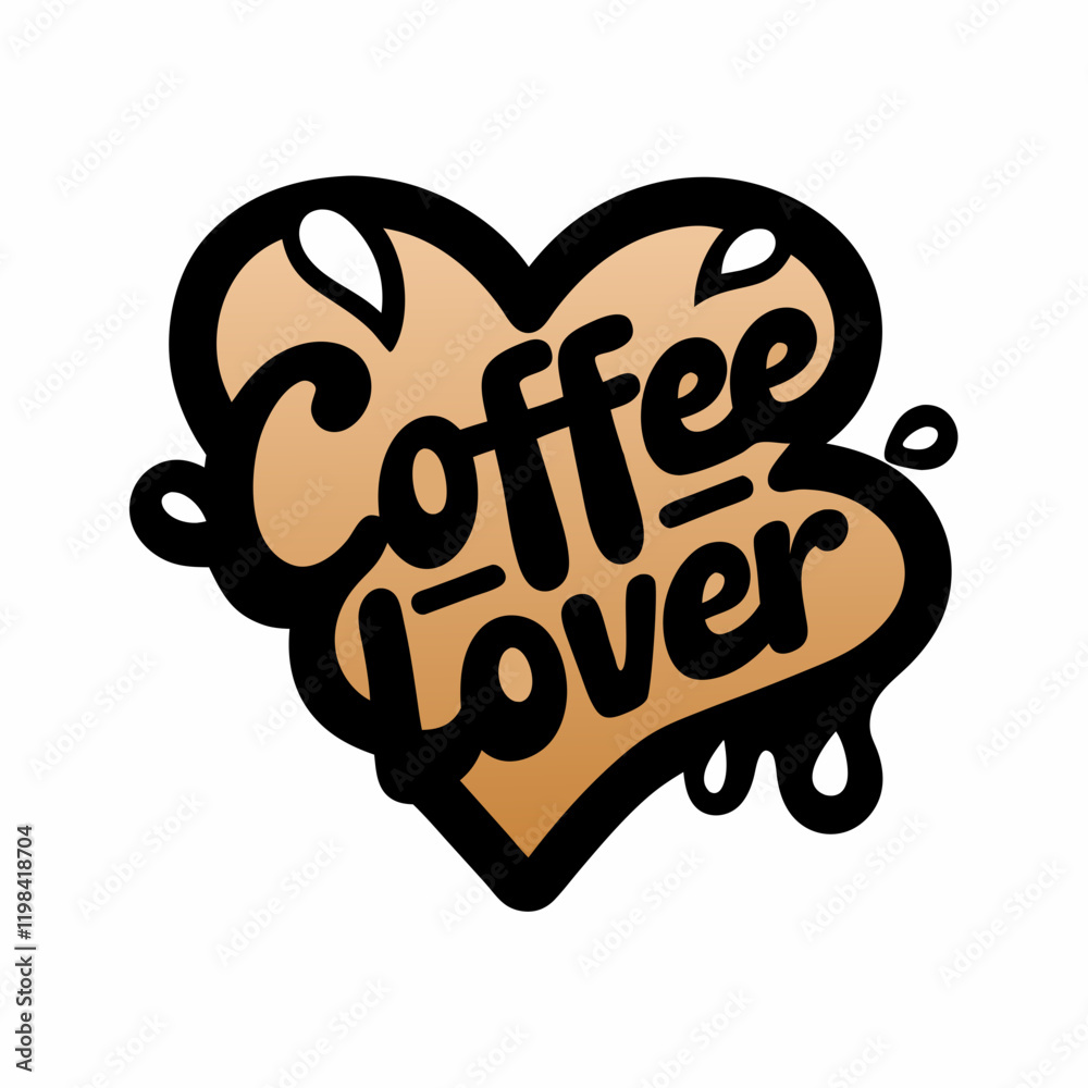 Sticker design of Add Coffee Lover in bold, stylish script with a heart-shaped coffee splash at the bottom. white background Sticker design of Add Coffee Lover in bold, stylish script with a heart-shaped coffee splash at the bottom. white background