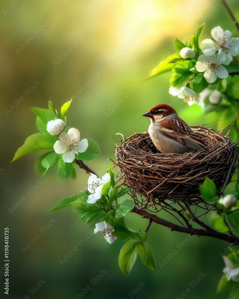 Fototapeta premium A charming scene of a bird resting in its nest, surrounded by blooming flowers and lush green leaves, captures the essence of spring and the beauty of nature.