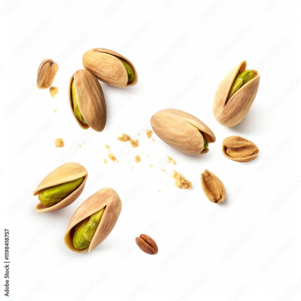 Flying Cracked Pistachios with Green Kernels and Shells on Clean White Background Flying Cracked Pistachios with Green Kernels and Shells on Clean White Background