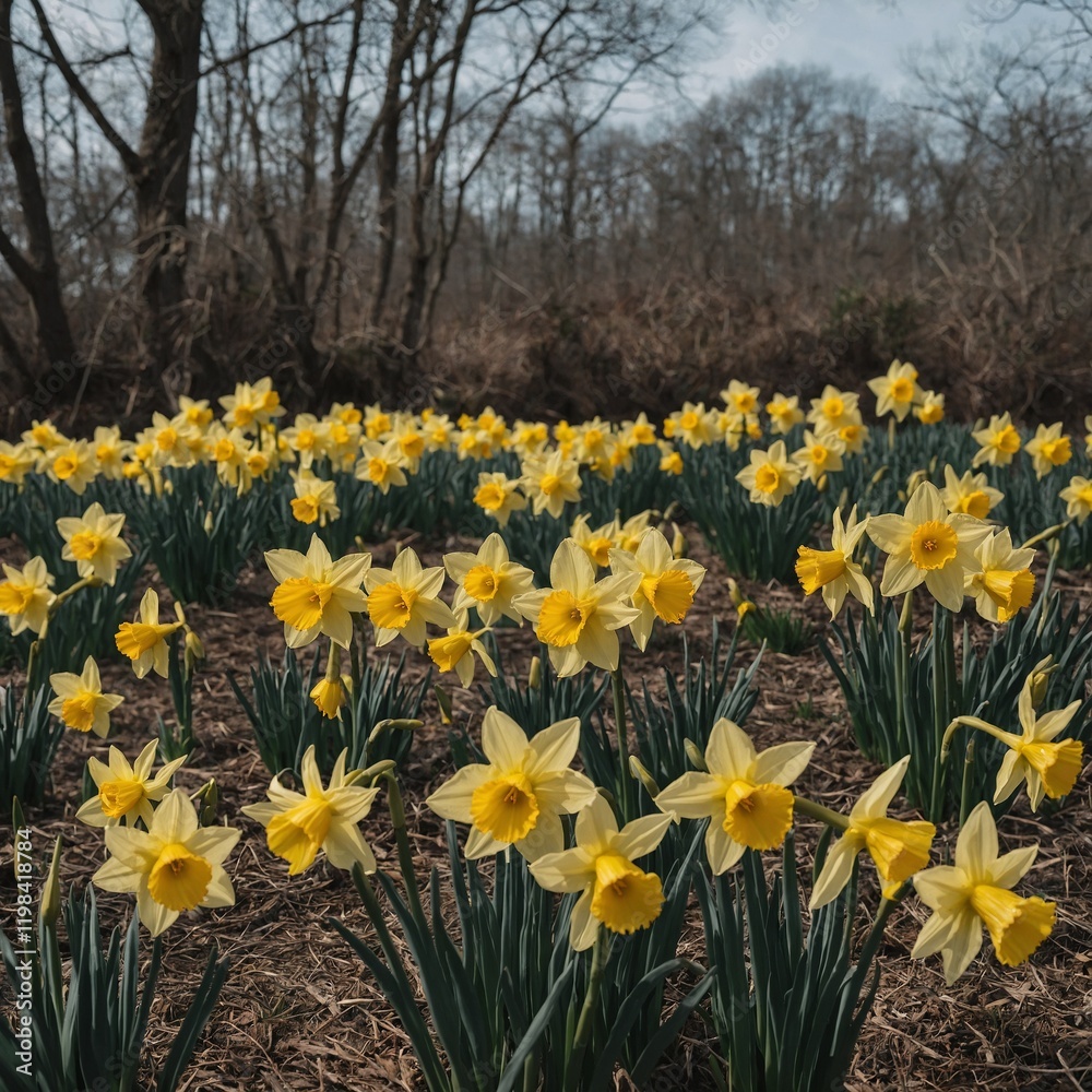 Fototapeta premium Yellow daffodils swaying in a breeze.