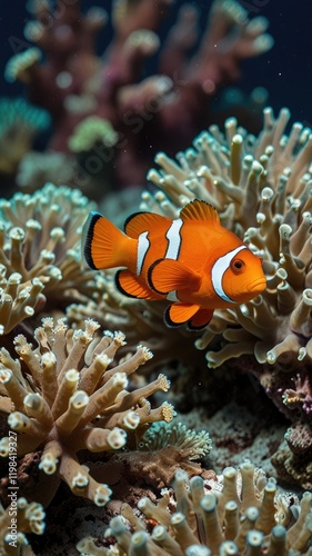 underwater clown fish,Bright Orange Clownfish Swimming Through Coral Reefs

