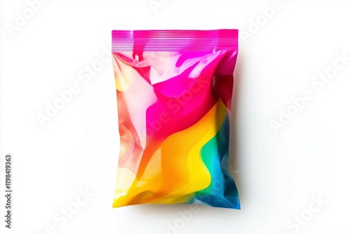 A colorful chip bag with radiant, multicolored graphics, isolated on a clean white backdrop.