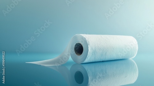 A roll of white paper towels on a blue reflective surface.