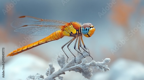 Vibrant orange dragonfly perched on a plant. photo