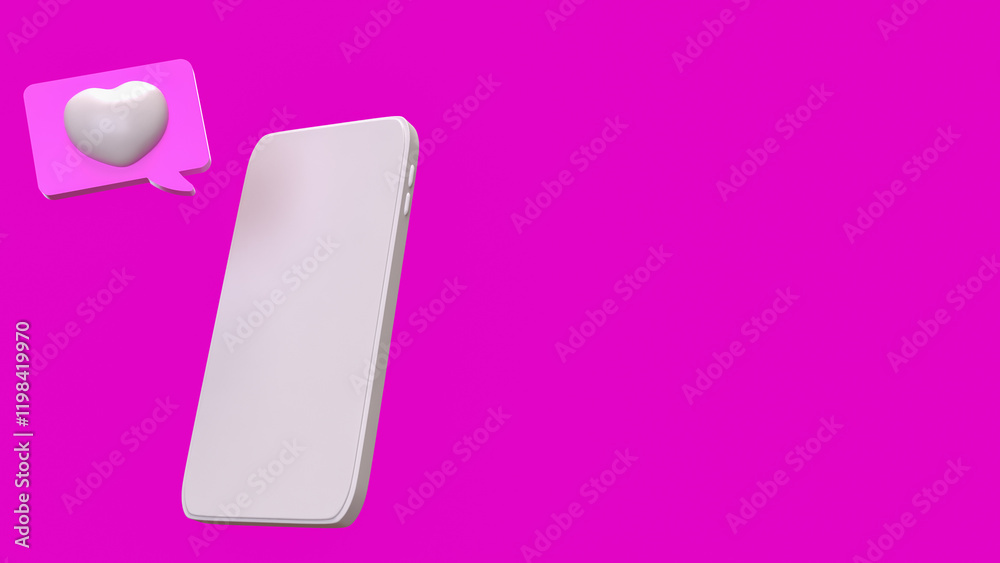White mobile and heart on pink background 3d Rendering. White mobile and heart on pink background 3d Rendering.