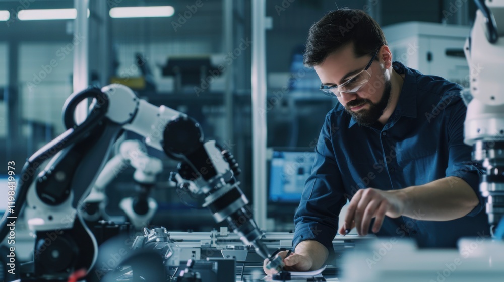 A manufacturing engineer programming a robotic arm in a high-tech manufacturing facility, with robots and electronic displays around, Manufacturing facility scene A manufacturing engineer programming a robotic arm in a high-tech manufacturing facility, with robots and electronic displays around, Manufacturing facility scene