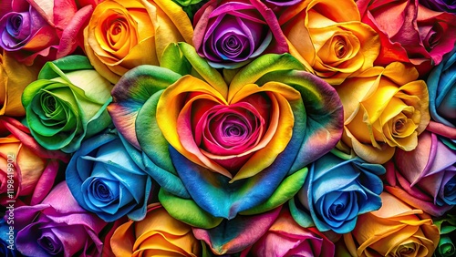 Fototapeta Naklejka Na Ścianę i Meble -  A vibrant rainbow rose heart, romantically arranged, captures love's colorful beauty in artistic floral photography.