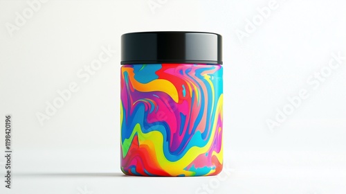 A colorful protein powder container with vibrant, multicolored designs, centered on a white backdrop.