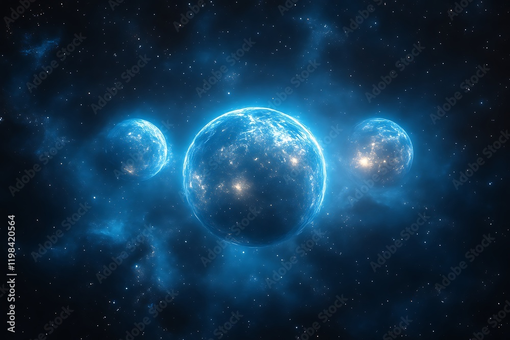 Three glowing planets in nebula. Three glowing planets in nebula.