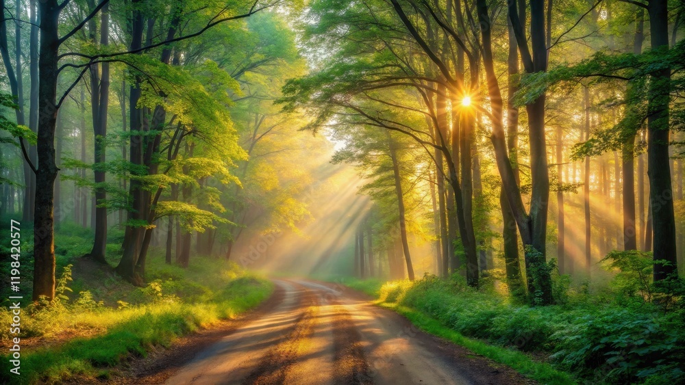 Obraz premium Sunlit Path Through Misty Forest at Dawn A Serene Scene of Nature's Beauty