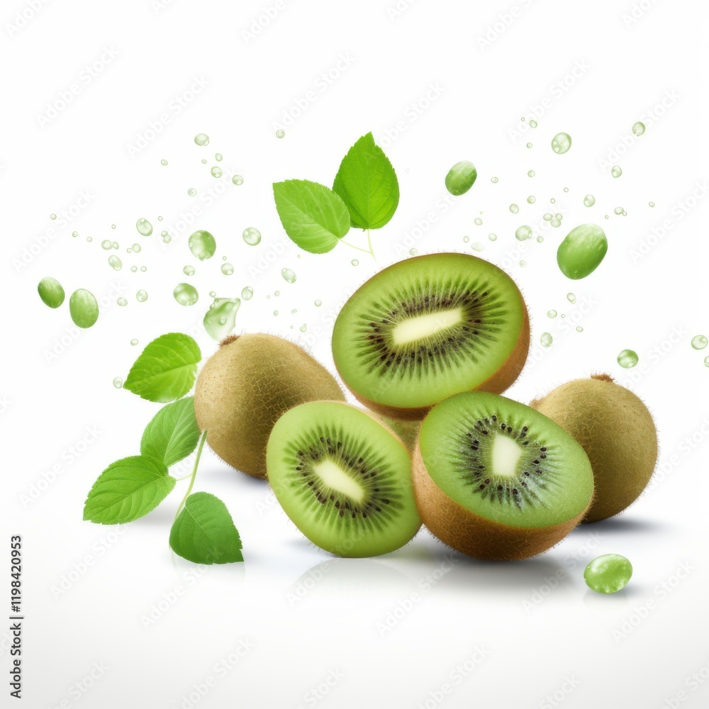 Fototapeta premium Kiwi slices on white background, fresh and healthy green fruit slices isolated for a clean look