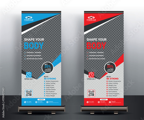 Roll up banner stand,  Fitness roll up banner template, Gym premium x-banner vector template design, Fitness business brochure flyer banner design vertical banner template
