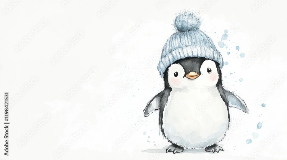 Fototapeta premium Cute penguin wearing a blue knitted hat.