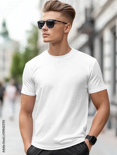 Man in white t-shirt and black pants standing against a neutral background