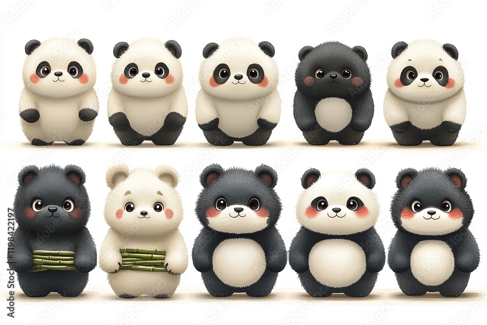 Obraz premium Cute cartoon pandas in various poses and expressions.