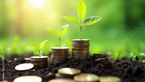 Seedlings growing in a pile of coins lying on the ground. Green investment concept, Adding money to invest. Financial growth and interest concept.