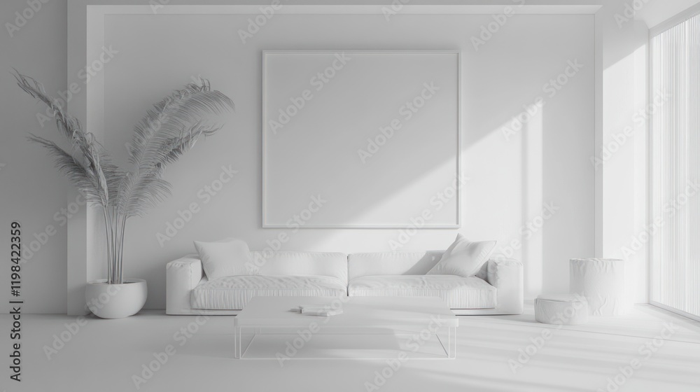 Fototapeta premium Serene Minimalist Living Room: White Interior Design with Sunlight