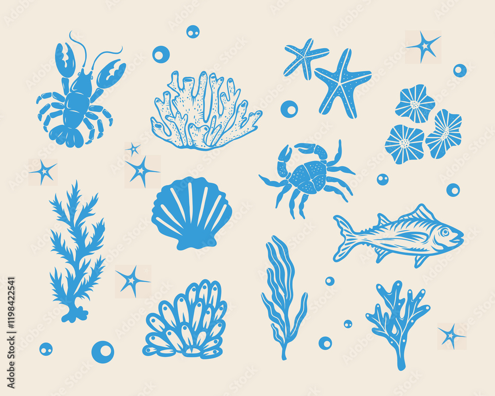 Marine life blue ocean illustration pattern vector coral, shell, lobster, starfish, deep sea background layout silhouette printable