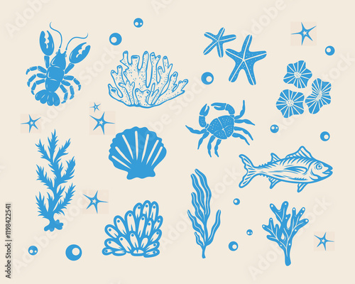 Marine life blue ocean illustration pattern vector coral, shell, lobster, starfish, deep sea background layout silhouette printable