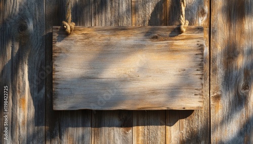 Rustic wooden sign hanging on weathered wood wall. (4) photo