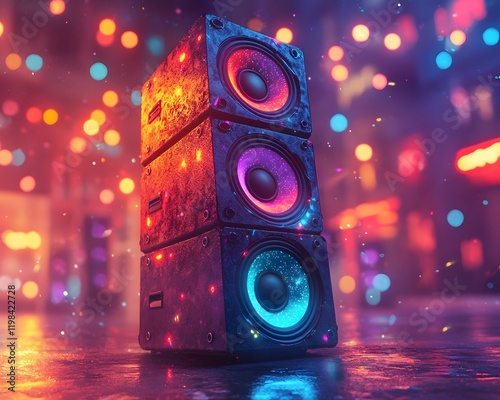 Neon Speakers Projecting Vibrant Abstract Graffiti Visuals in Alternating Colors
