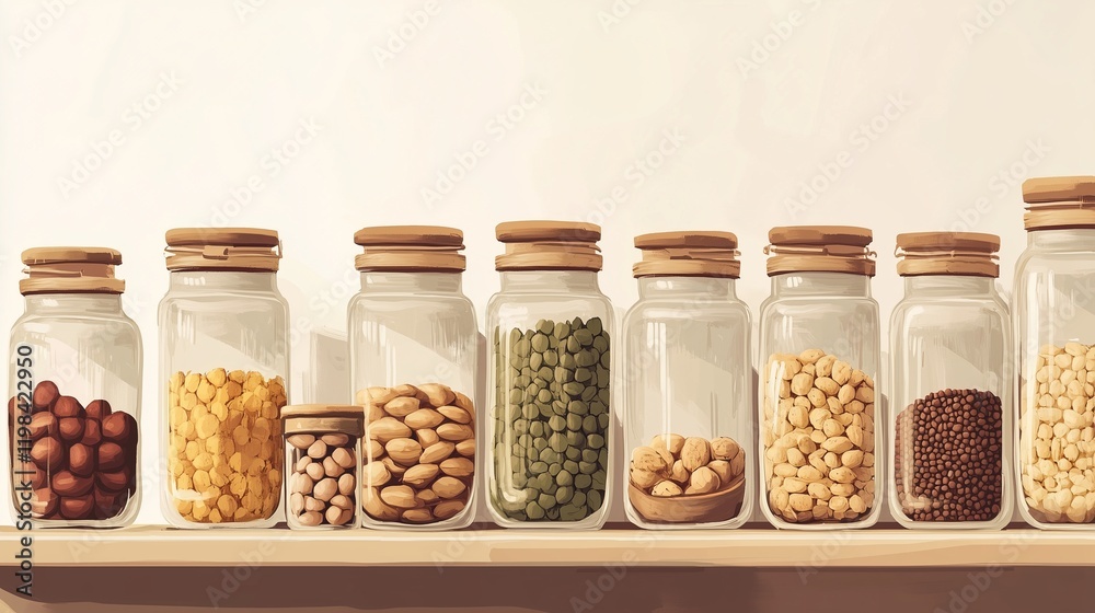 A minimalist vegan pantry setup with labeled jars of grains, legumes, and nuts. A minimalist vegan pantry setup with labeled jars of grains, legumes, and nuts.