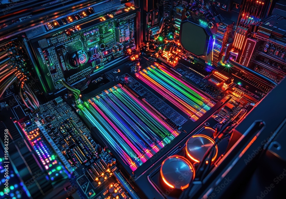 Fototapeta premium Vibrant Neon Glow of Computer Motherboard with Colorful LED Lights and Circuitry