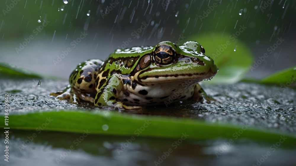 Obraz premium Rain-Kissed Frog: Chimerical Leopard Frog Perched on Leaf in a Lush, Wet Forest