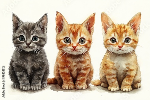Three adorable kittens sitting side by side, showcasing their playful expressions.