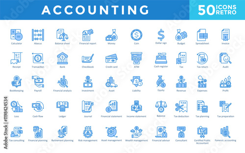 Accounting icon set with calculator, abacus, balance sheet, financial report, money, coin, dollar sign, budget, spreadsheet, invoice icon. Simple retro vector 
