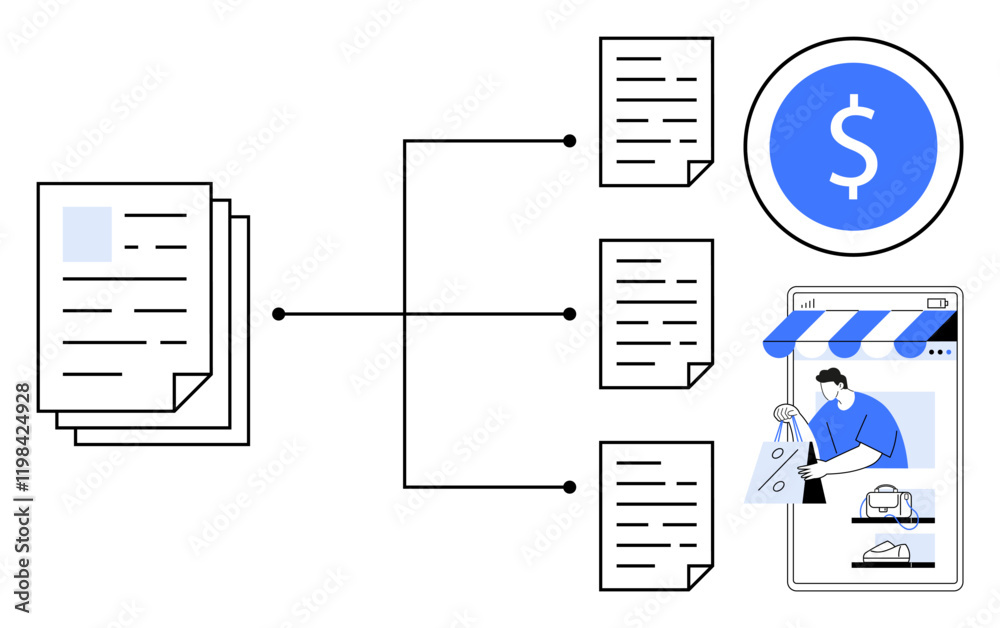 Documents linked to various tasks, leading to a dollar sign and an online shopping illustration. Ideal for business organization, e-commerce, financial management, automation, efficiency, workflow Documents linked to various tasks, leading to a dollar sign and an online shopping illustration. Ideal for business organization, e-commerce, financial management, automation, efficiency, workflow