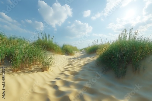 Sandy path through coastal dune grasses under a sunny sky. photo