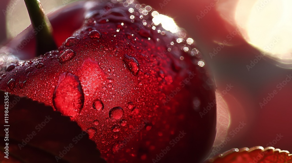 Dewy red cherry, sunlit orchard, close-up; food, recipe websites.