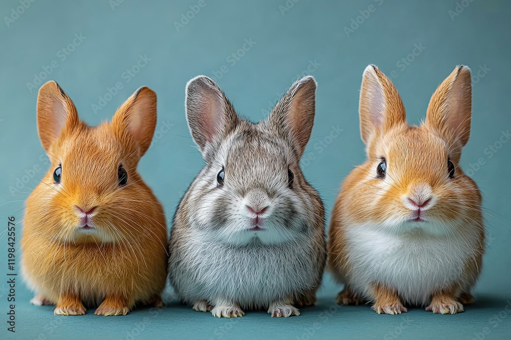 Fototapeta premium Three cute rabbits in a row showcasing their distinct fur colors.