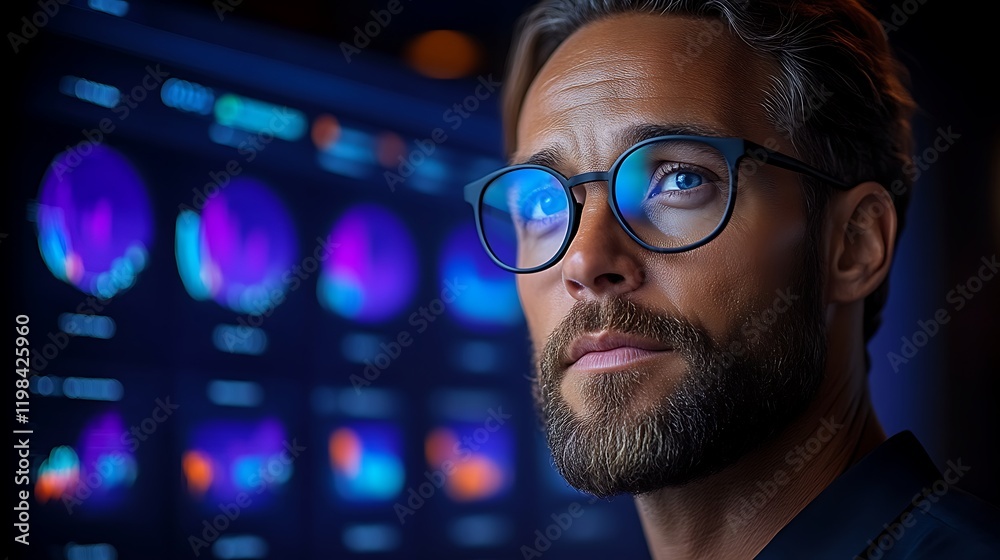 Focused businessman analyzing data on screen. Focused businessman analyzing data on screen.