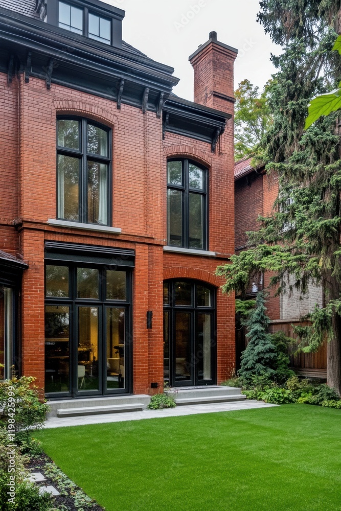 Naklejka premium Charming red brick townhouse with modern design elements and lush landscaped yard captured in a serene suburban neighborhood during late afternoon