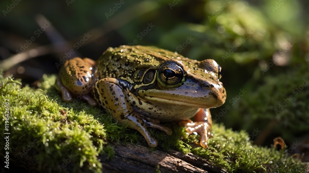Forest Tranquility: Common Frog Resting on Mossy Log Bathed in Sunlight Forest Tranquility: Common Frog Resting on Mossy Log Bathed in Sunlight