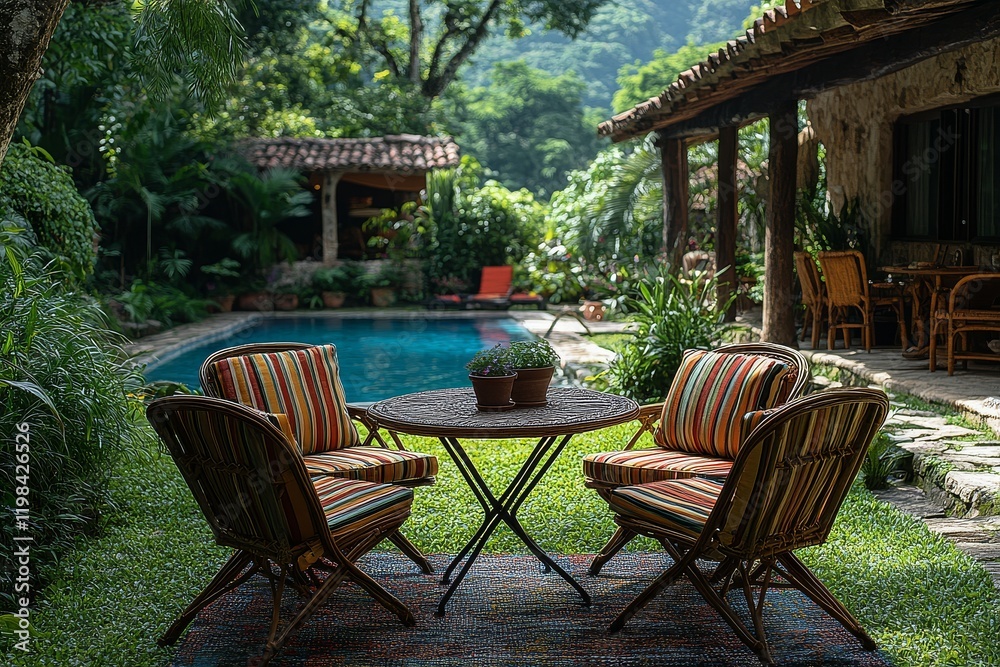 Garden table and chairs with striped fabric on the lawn next to an outdoor swimming pool in Brazil, with a vibrant tropical atmosphere. Garden table and chairs with striped fabric on the lawn next to an outdoor swimming pool in Brazil, with a vibrant tropical atmosphere.