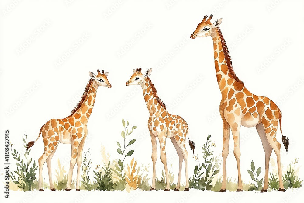 Fototapeta premium Three giraffes standing among greenery in a whimsical illustration.