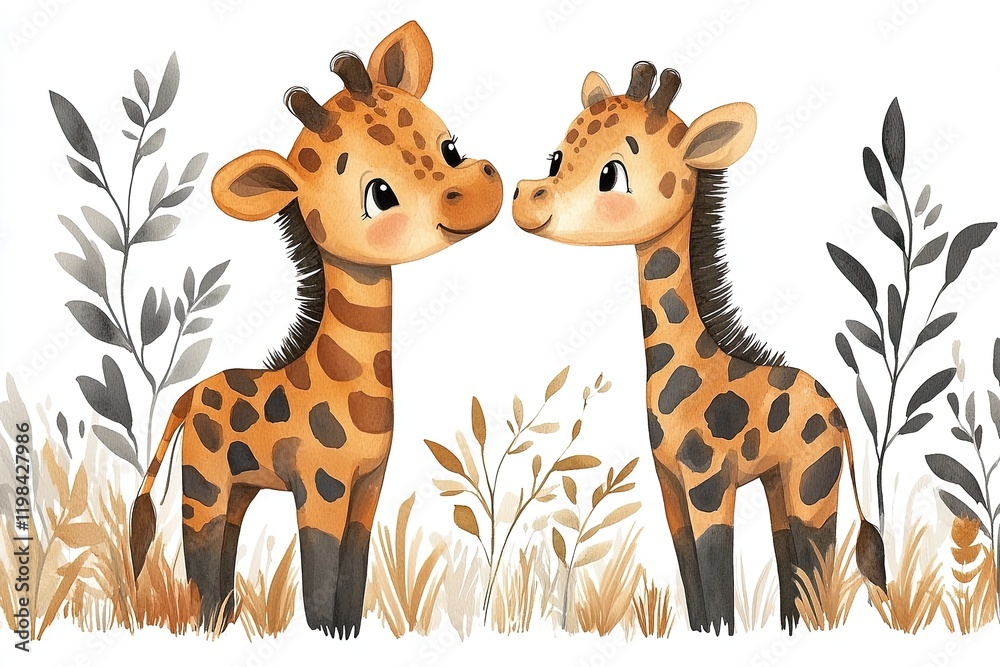 Fototapeta premium Two cute giraffes nuzzling amidst foliage in a playful, whimsical style.